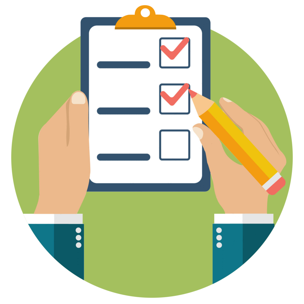 An illustration of a pair of hands holding a pencil and a clipboard with checked boxes