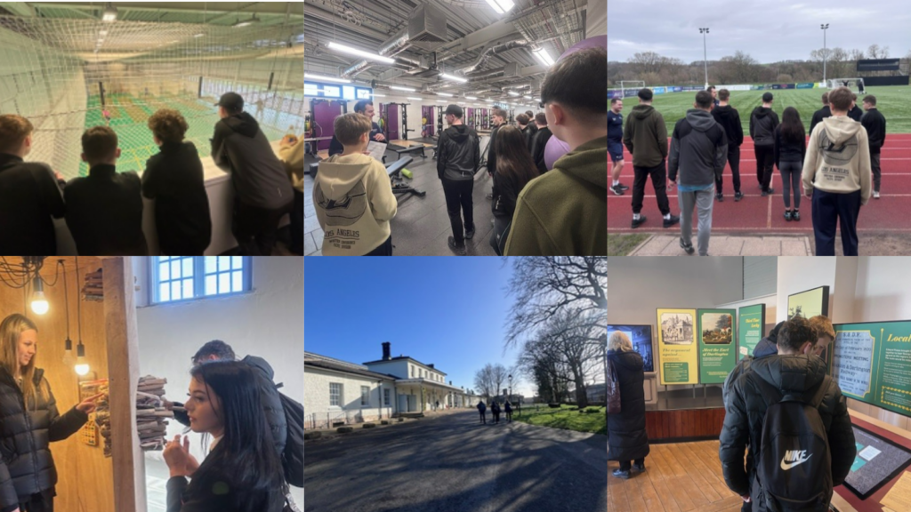 A collage of students walking the grounds of Durham University and another group exploring Hopetown Museum